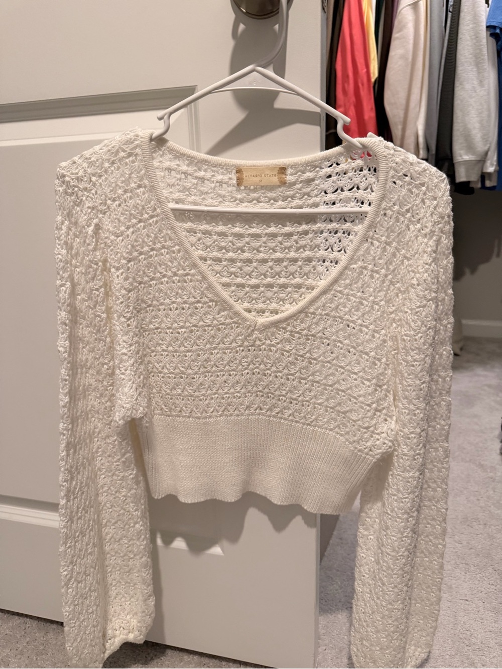 Altar'd State White Crochet V-Neck Cropped Sweater